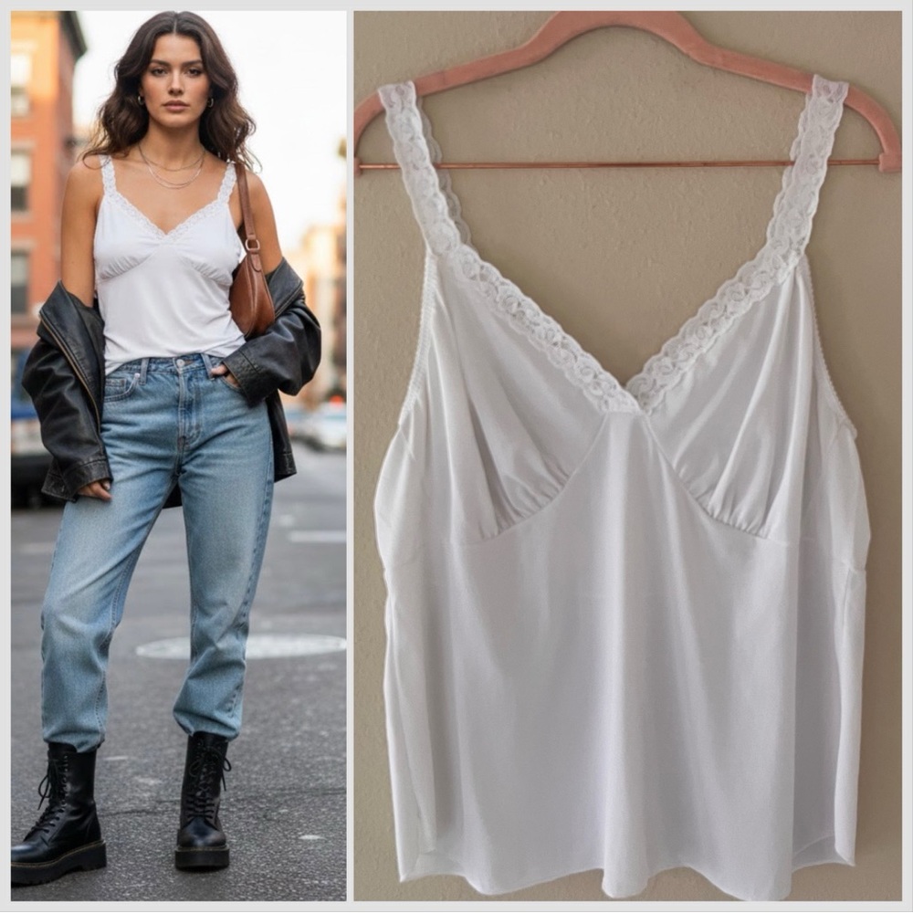 Shadow Line Vintage Babydoll Slip Top‎ Large White Lace Trim Soft Girl Coquette